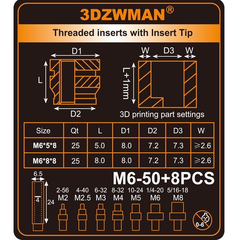 3DZWMAN M6 Threaded Inserts with M2-M8 Heat Set Insert Tools,Brass Metric Knurled Nuts for 3D Printing Components and Plastic Parts(M6x5x8-25PCS M6x8x8-25PCS) - Image 3